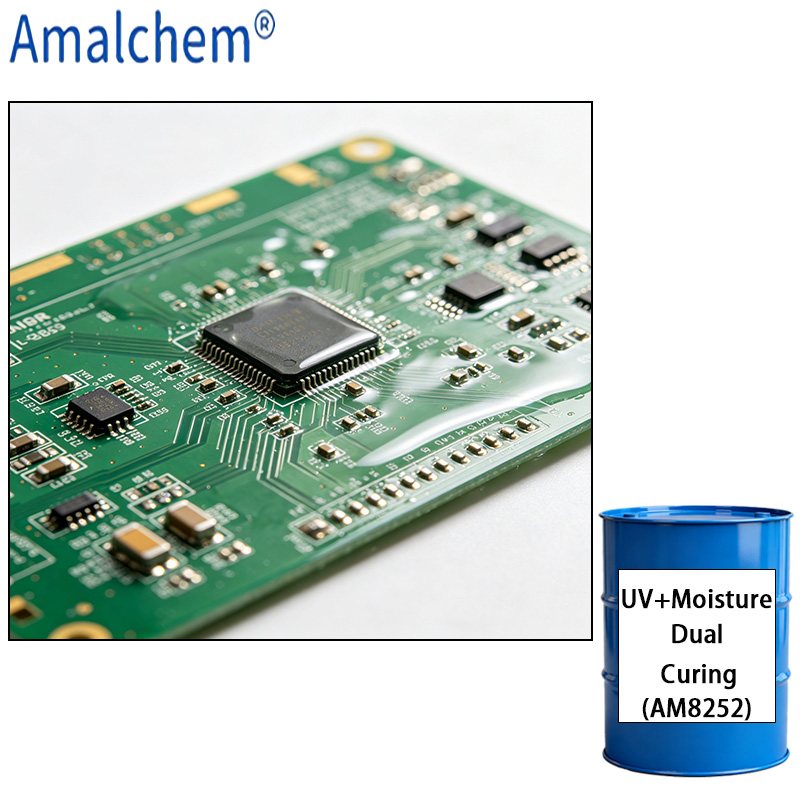 AM8252 UV+ résine Curable à l’humidité, faible viscosité, résistant aux chocs thermiques et Flexible - idéal pour les revêtements et vernis conformes PCB