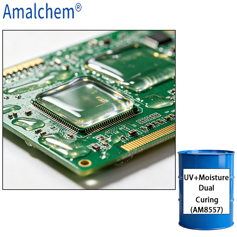 AM8557 UV+Moisture Dual-Cure Resin - résistance avancée aux chocs thermiques, flexibilité supérieure et anti-jaunissement pour les revêtements conformes PCB