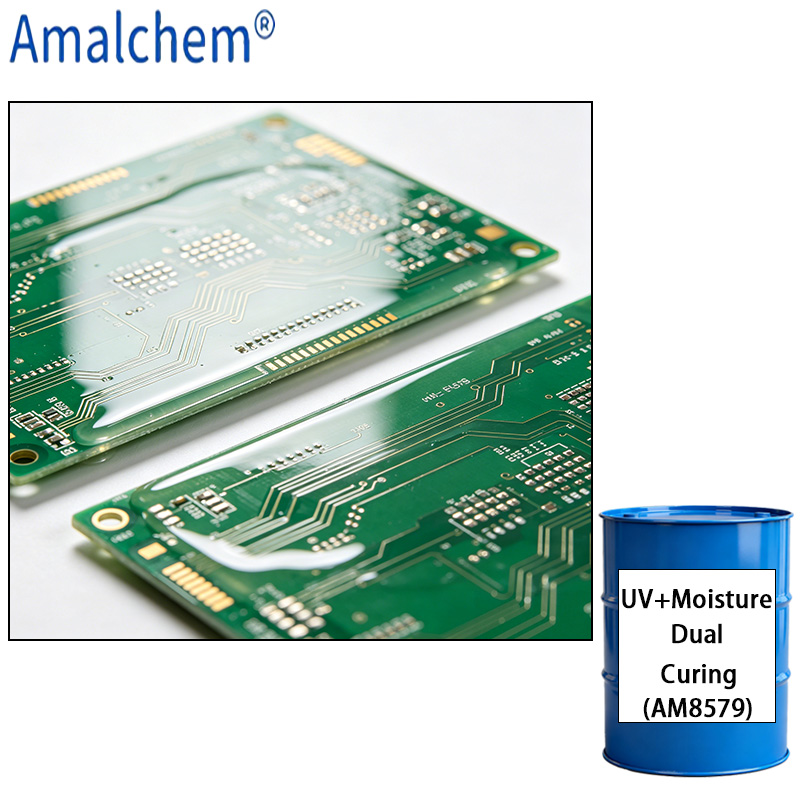 AM8579 système à double cure UV/ humidité - excellente adhérence, résistance aux chocs thermiques, grande flexibilité et clarté durable pour la Protection des PCB
